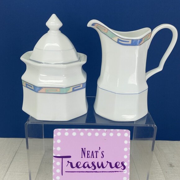 Christopher Stuart SOUTHWEST Green Blue Coral Lidded Sugar Bowl & Creamer Set - Picture 1 of 15